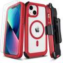 Defender for Clear iPhone 13 Case with Belt Clip Holster + 2 Screen Protectors, Compatible with MagSafe, Anti-Yellowing, Full-Body Phone Cover for iPhone 13 Case (Clear & Red)