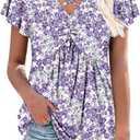 ONLYSHE Women's Summer Floral Shirts Ladies Casual V Neck Tunic Tops Henly Puff Sleeve Blouse for Leggings (5 Whitepurple)