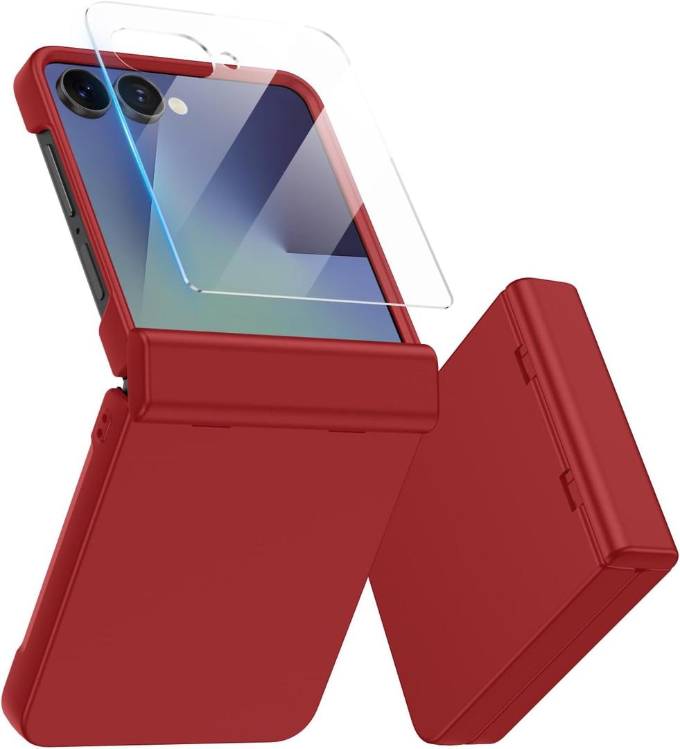 MAKAVO for Samsung Galaxy Z Flip 7 Case, Built-in Outer Screen Protector & Hinge Protection, Z Flip7 Slim Fit Hard Full Body Shockproof Phone Cover, Red
