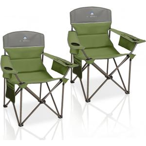 Oversized Camping Chairs 2 Pack - Heavy Duty 400LBS Padded Lawn Chair with Cooler Bag,Cup Holder,Side Pocket,Collapsible for Outdoor,Camp,Fishing & Garden,Olive Green, 21" x 22.1" x 35.4"