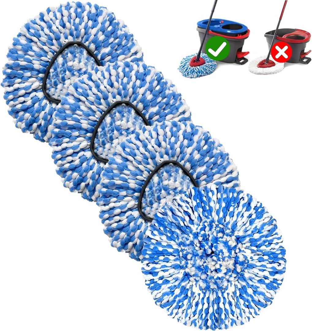 4 Pack Mop Replace Heads Compatible for OCeda, Spin Mop Refill Head Replacement for RinseClean 2-Tank System - Fluffy Microfiber, Machine Washable and Easy to Replace (Blue)