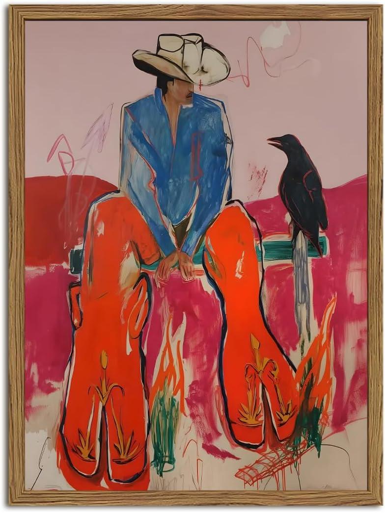 Abstract Western Cowboy Wall Art Colorful Cowboy with Raven Wall Decor Modern Southwestern Poster Canvas Print Picture for Living Room Bedroom 24x16 inch Wood Framed