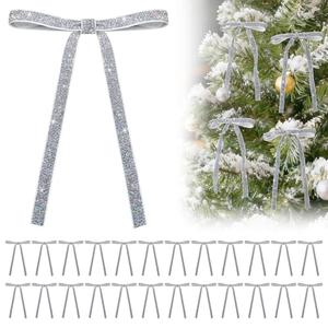 24Pcs Glitter Velvet Bows for Christmas Tree Decorations - 5x7in Velvet Ornaments with Tie for Christmas Wreath Garland, Sliver