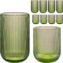 Set of 8 Ribbed Glassware,4 Highball Glasses 14oz & 4 Rocks Drinking Glasses 9oz, Green, Origami Style, Fluted Design, for Milk, Water, Cocktail, Juice, Beer, ToothBrush Cup, Gift