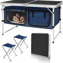 Folding Camping Table with Storage Compartment Aluminum Lightweight Camp Kitchen Table Height Adjustable Indoor/Outdoor Table Perfect for Tailgating, Backyards, BBQ, Picnic (Black-Wide W/Stool), 24D x 47W x 28H in