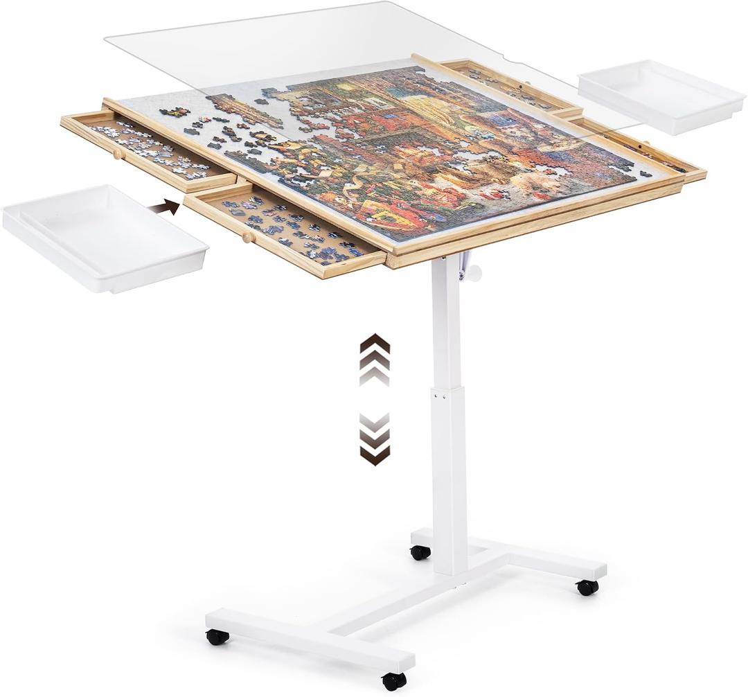 ropoda 1500 PCS Jigsaw Puzzle Table with Drawers and Single-Pedestal,35"x 26.8" Angle & Height Adjustable Wooden Puzzle Borad with 6 Drawers &Cover& 4 Roller Wheels, Large