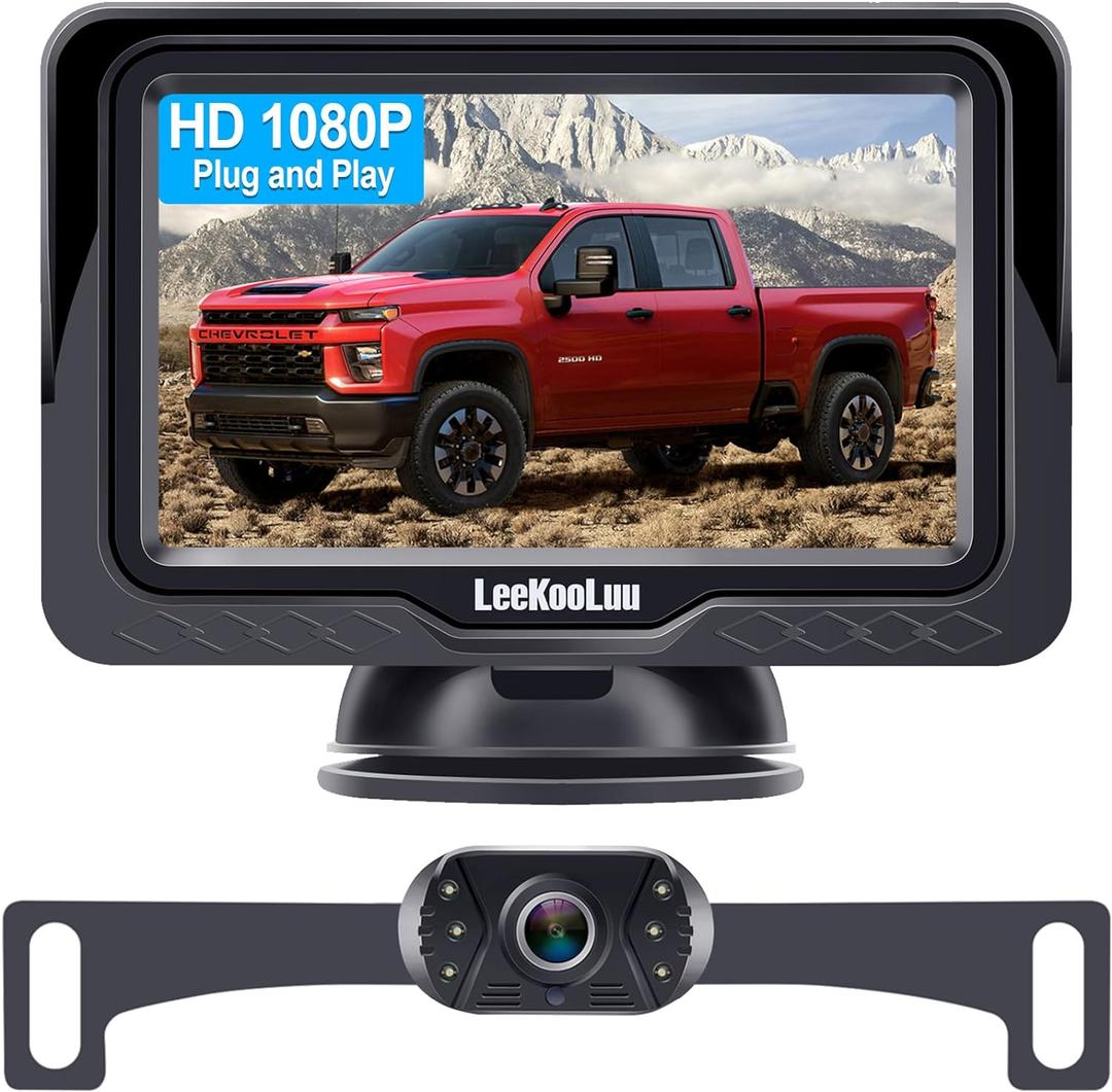 Backup Camera Easy Setup Plug-Play: HD 1080P No-Delay Waterproof - Clear Night Vision Rear View Camera with Monitor for Car Truck SUV - LK3 (Black-One Pack)