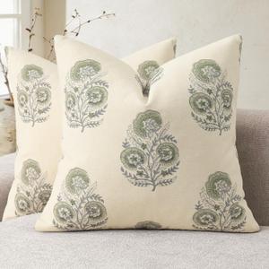 YCOLL Vintage Floral Print Pillow Covers 18x18 Set of 2 Patterned Accent Decorative Cushion Covers Modern Farmhouse Throw Pillow Covers for Sofa Couch Chair Bed Living Room Home Decor, Sage Green