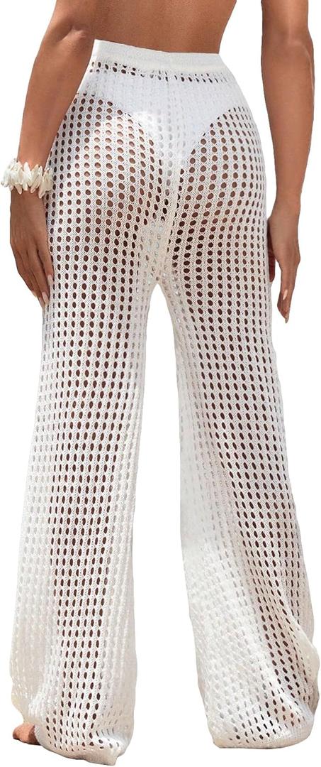 COZYEASE Women's Beach Cover Up Pants Hollow Out Drawstring Elastic High Waist Bathing Suit Cover Up Beach Pants White Pure Plain L