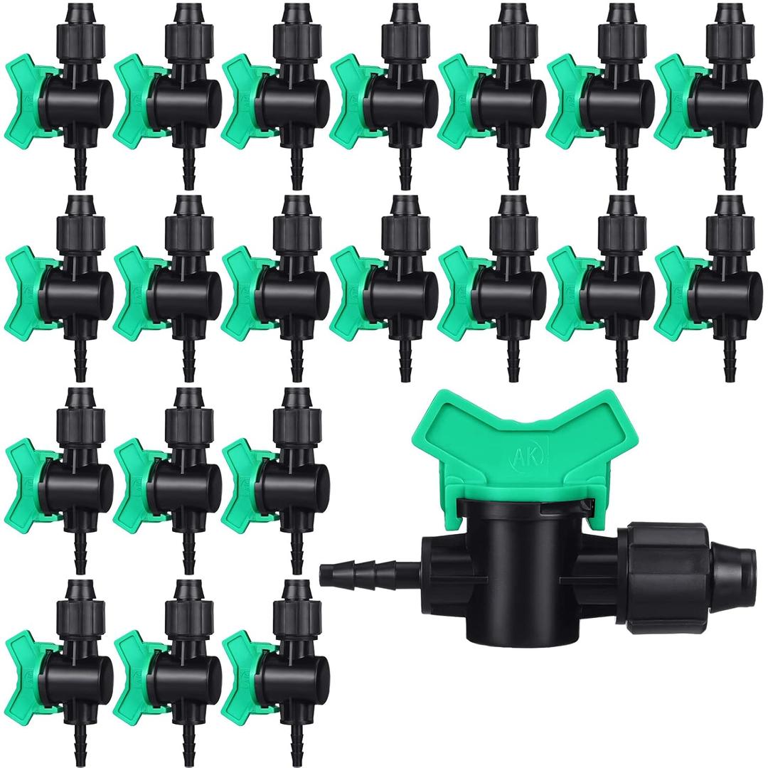 Hiboom 20 Pcs Drip Tape Irrigation Fittings 5/8"(16 mm) x 1/4" Barb Tubing Takeoff Adapter Valve Extended Barb Design for Green T Handle Adjustable Shut off Watering Plants in Gardens Lawn