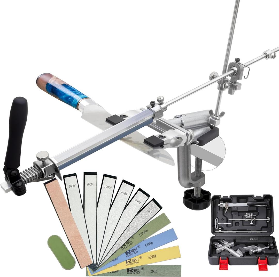 CWOVRS Knife Sharpening Kit, RX-009 Guided Knife Sharpener, 360 Flip Rotation, Upgraded Fixed-Angle & Adjustable Knife-Clip, Chef Knife Sharpening System, 10 Stones+ Polish Kit (XXXL)