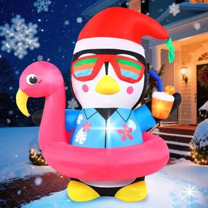 Christmas Inflatable Penguin Outdoor Decoration 5FT Tall Flamingo Cute Tropical Hawaiian Blow up Yard Decorations with LED Lights Beach Summer for Outside Indoor Holiday Party Garden Dcor