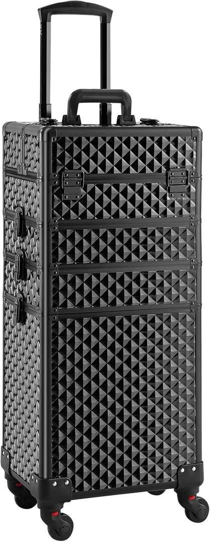 Rolling Makeup Case 4 in 1,Professional Makeup Train Case organizers,Large Storage Cosmetic case Trolley,Makeup Travel Case for Salon Barber Bright Black