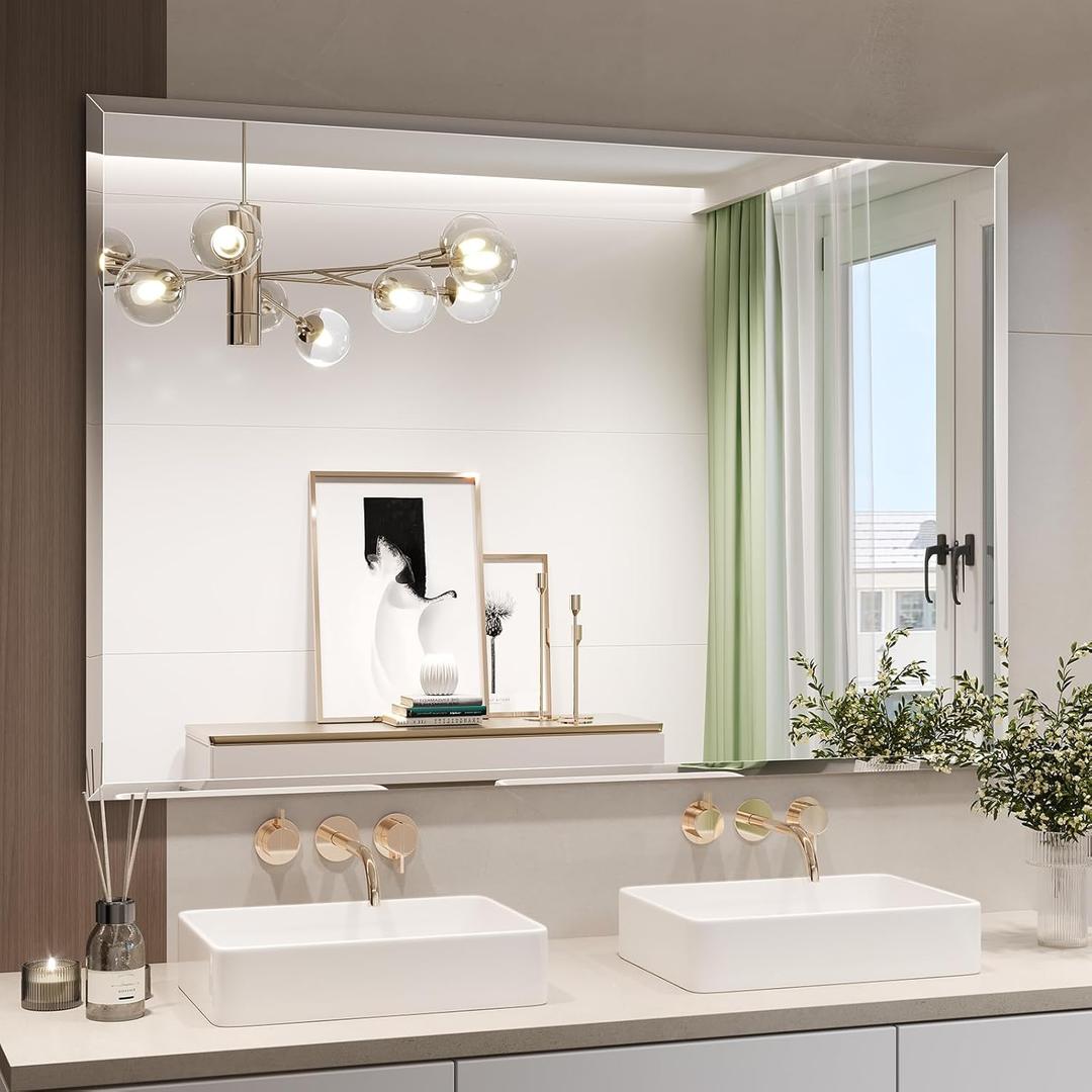 Frameless Bathroom Mirror, 55"x36" Beveled Bathroom Mirror for Vanity, Wall Mount Mirrors for Bedroom Entryway Living Room Hangs Horizontally or Vertically