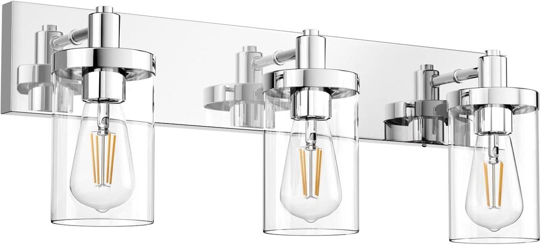 Aipsun Chrome Vanity Light for Bathroom 3 Light Farmhouse Bathroom Lights Fixtures Over Mirror with Clear Glass Shade(Exclude Bulb)