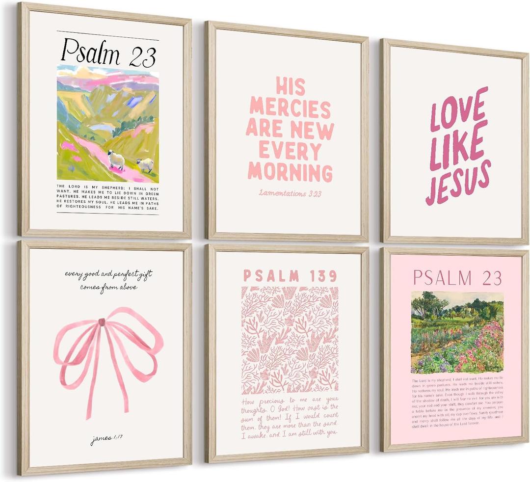 Pink Christian Wall Art Bible Verse Canvas Poster Floral Wall Decor Religious Pictures Girls Room Prints Scripture Poster Bundle Bow Artwork Trendy Preppy Painting for Bedroom 8x10 Inch Wood Framed