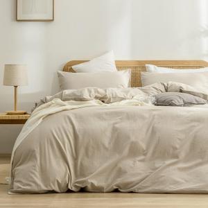 BESTOUCH Duvet Cover Set 100% Washed Cotton Linen Feel Super Soft Comfortable Chic Lightweight 3 PCs Home Bedding Set Solid Almond Milk Grey King (King (104" x 90"))