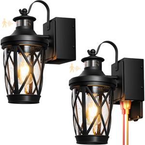 OPAXIS Motion Sensor Outdoor Wal Light with GFCI Outlet, 2-Pack Black Exterior Lighting Fixtures with Outlet, Waterproof Outdoor Lanterns for Porch with Seed Glass, E26 Exterior Garage Sconce Lights