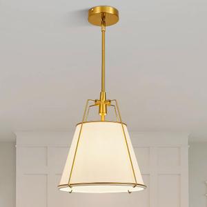 Modern Pendant Light Fixtures with 12" White Linen Fabric Shade, Adjustable Hanging Light Fixture,Drum Gold Vintage Chandelier for Kitchen Island Bedroom Dining Room Foyer Entryway