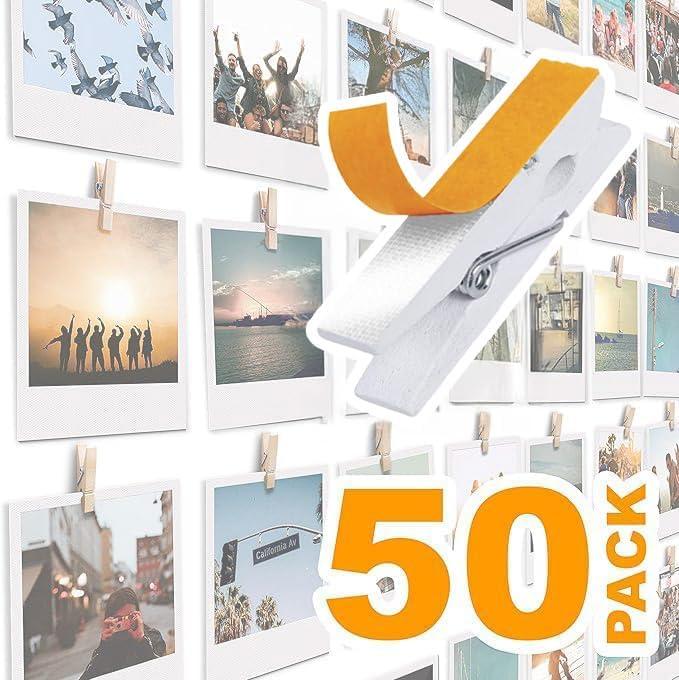 50 Pack Mini Self Adhesive Clips for Pictures - White Wood Clip Photo Holders for Wall, Poster Hanger, Photo Cards Hanging Display Board & Picture Boards, Artwork Photos Holders Card Room Decor