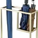 MyGift Modern Brass Tone Metal Entryway Umbrella Rack with Geometric Design, 13 x 5-inch Wide Rectangular Freestanding Cane Umbrella Holder with Shelf for Small Umbrellas and Bottom Drip Catch Tray