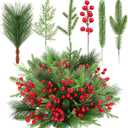 70PCS Artificial Pine Branches Christmas Greenery - Artificial Pine Needles Branches with Red Berry Stems Fake Pine Branches Set for DIY Christmas Tree Wreath Garland Crafts Holiday Home Decoration