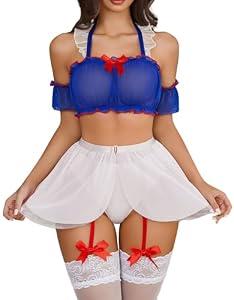 Avidlove Lingerie Set for Women Sexy Cosplay Lingerie Roleplay Costumes Mini Skirt Set with Garter Belt (5pack) White X-Large