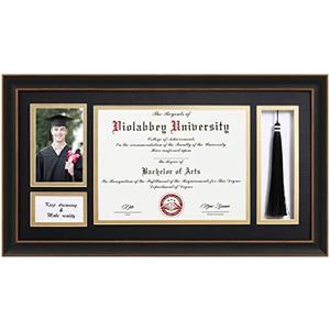 VIOLABBEY Black Diploma Frame with Tassel Holder for 8.5x11 Certificates Document and 4x6 Graduation Pictures, College Degree Frame for Wall Mounted (Black Gold Double Mat)