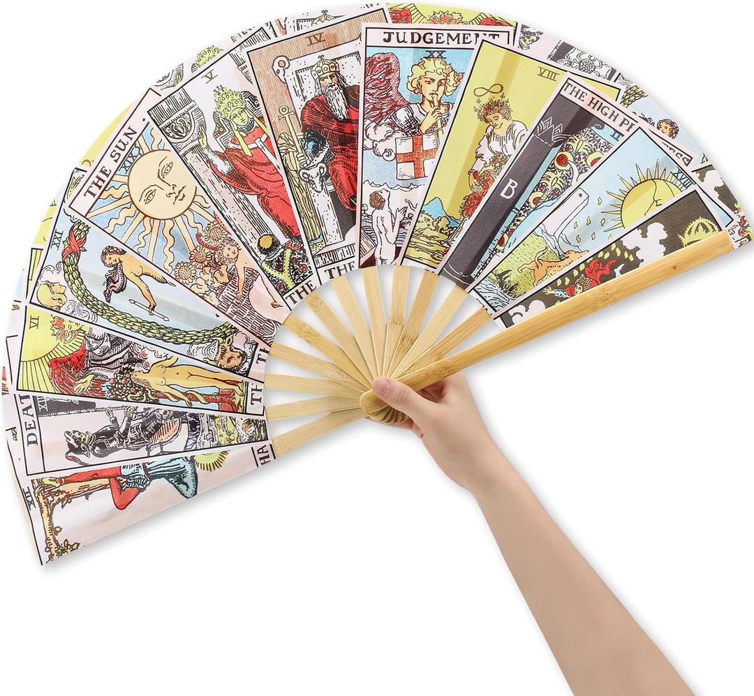 Weysat Tarot Card Hand Fan Rave Fan Fortune Teller Decor Oversized Folding Bamboo Witchy Gifts for Women Gypsy Cosplay EDM Music Gala Festival Mystic Accessories(Novel)