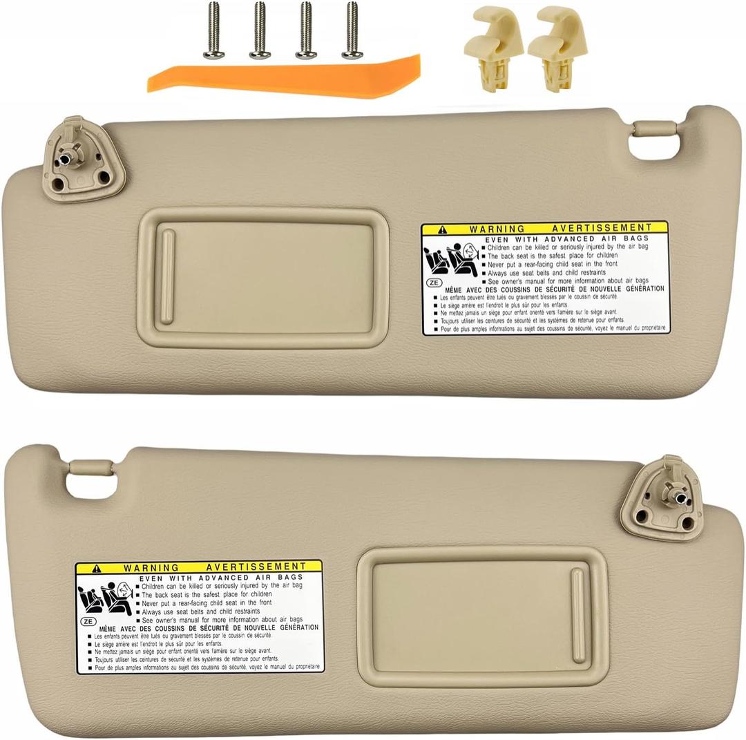Sun Visor Pair Compatible with 2004-2007 Toyota Highlander (Driver & Passenger Side) - Non-Illuminated No Light, Leather Sunshade Replacement Assembly Kit with Clips, Screws, & Manual - (Color Beige)