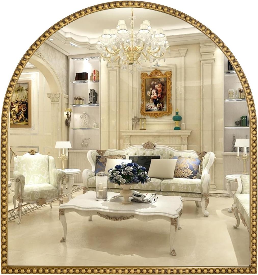 33x31 Inch Arched Bathroom Mirror, Antique Gold Wall Mirror Metal Beaded Frame, Vanity Mirror for Dresser Living Room Bedroom Mantel Entryway Hallways