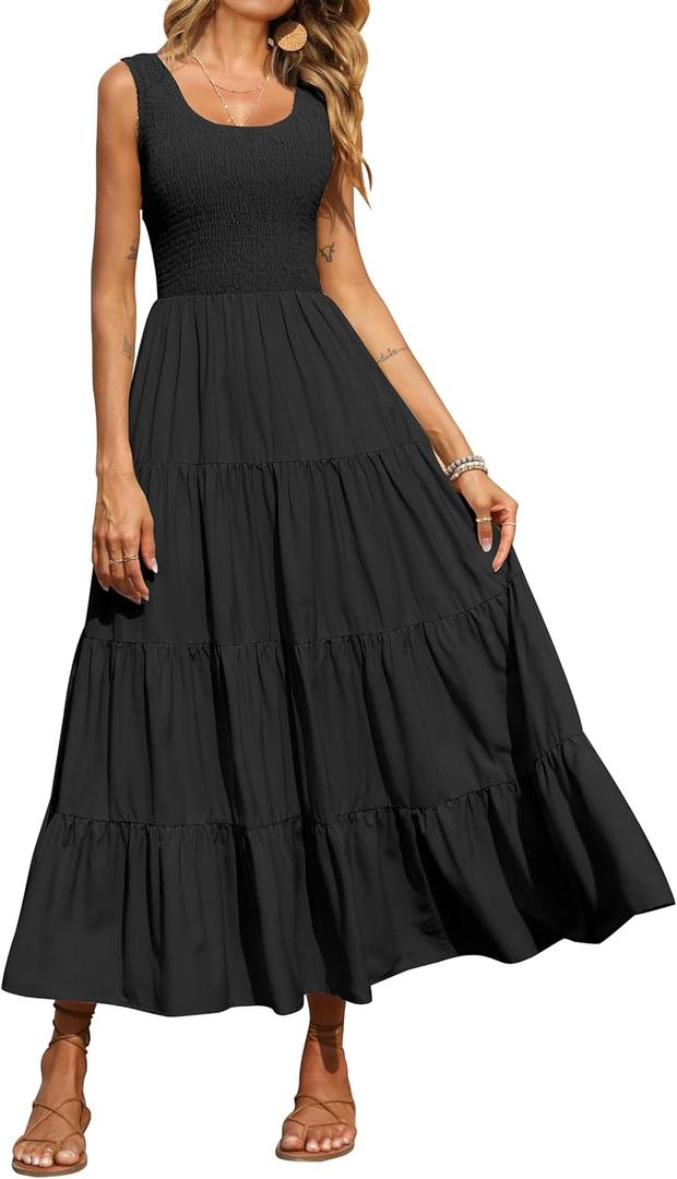 PRETTYGARDEN Women's 2026 Casual Loose Plain Maxi Sundress Smocked Tank Dress Sleeveless Summer Beach Tiered Long Dresses (Black, Small)