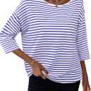 LilyCoco 3/4 Length Sleeve Womens Tops Boat Neck Striped Shirt Long Cotton Tshirts Blue Small (Blue, Small)