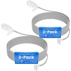 2-Pack 2 Prong Extension Cord 15FT, 90 Degree Plug, SPT-2, Flat Nylon Braided Power Extension Cord With 3 Outlets, Multiple Outlets with Tamper Guard, ETL Listed, Outlet Saver, 16 Gauge Wire, 13A/125V