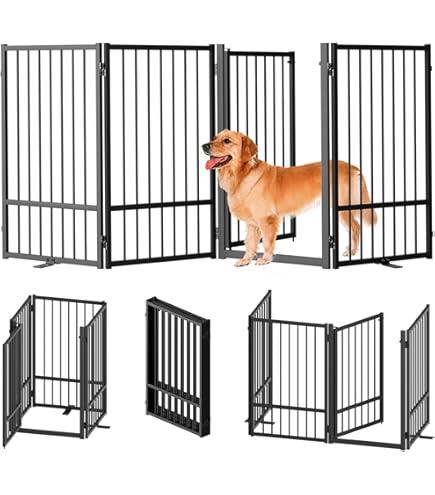 AGESISI Freestanding Dog Gates with Door Walk Through, Extra Wide Doggy Door 100" W x 29" H Pet Gate Safty 4 Panels Dog Fence for Stairs, Doorways, Black