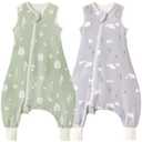 2 Pack Side Open 1 TOG Sleep Sack with Legs, 100% Cotton Spring & Autumn Toddler Sleep Sack with Feet, Foliage & Bear, Size M