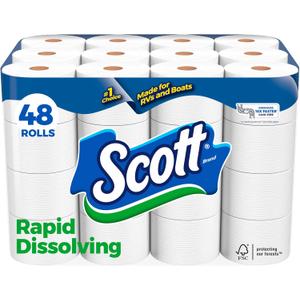 Scott Rapid-Dissolving Toilet Paper, 48 Double Rolls (6 Packs of 8), Septic-Safe, Toilet Paper