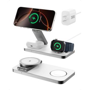 3-in-1 Foldable Wireless Charging Station,15W Qi2-Certified Wireless Charger for Magsafe iPhones,3 in 1 Magnetic Charger Stand for iPhone 16/15/14/13/12, Apple Watch and AirPods.(30W Adapter Include) (White)