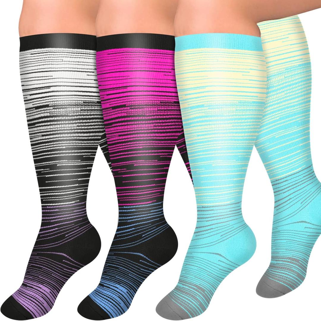 Diu Life 3 Pairs Plus Size Compression Socks for Women and Men Wide Calf Extra Knee High Support for Circulation (3X-Large, 02 Blue/Red/Gray)