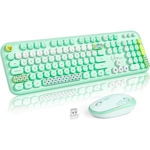 MOFII Wireless Keyboard and Mouse Combo, Cute Retro Typewriter Keyboard and Silent Mouse, 2.4GHz Full Size Computer Keyboard Wireless Mouse Set for PC, Laptop, Desktop, Windows (Green Colorful)
