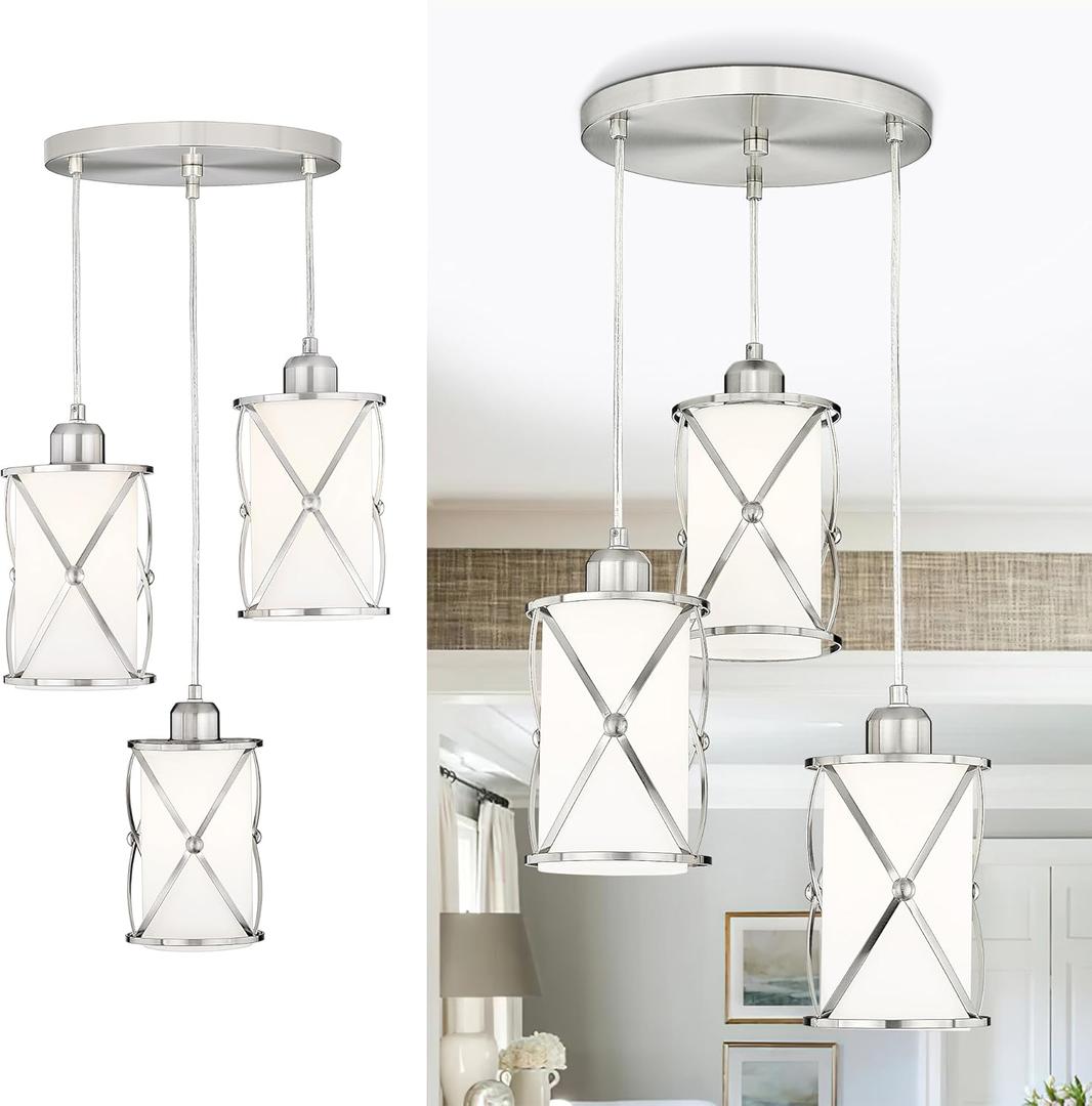 Brushed Nickel Dining Room Chandelier Light Fixture, 3-Light Pendant Lighting with Frosted Glass, Modern Kitchen Island Cluster Hanging Pendant Lights for Sink, CH9176BNW3 (3-Light, Ceiling, Nickel, Milk White Glass)
