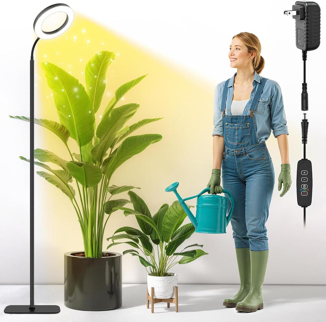 Grow Lights for Indoor Plants,Floor Lamp with 63IN Stand,Full Spectrum,10 Dimming,Halo Ring Warm Light, 3/9/12H Timer,Height Adjustable,Metal Stable Base Growing Light for Tall Small Plant (Tall Black-20W, Black)
