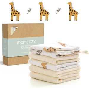 Momcozy Baby Washcloths - 4 Layer Design| Medium Thickness| Soft & Absorbent| Premium Cotton for Newborns'Skin-Great for Bathing, Wiping & on-the-go Use, Shower Gift and Essential(5 Pack, 10x10 inch) (Sunny Giraffe)
