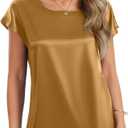 Nfsion Tops for Women Silk Satin Cap Short Sleeve Blouse Square Neck Shirts Business Casual Outfits (Gold, M)