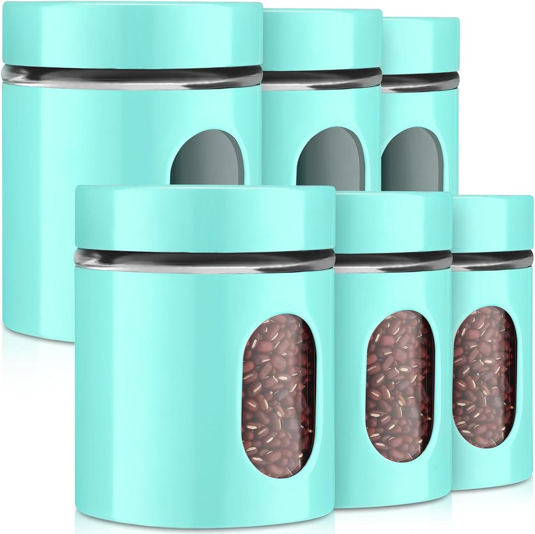 6 Pack Kitchen Canisters Set 20 oz Airtight Stainless Steel Canister Food Storage Container with Window Glass, Coffee Sugar Candy Jars Tea Organizer for Flour Cookies Spices Grains Kitchen(Turquoise)
