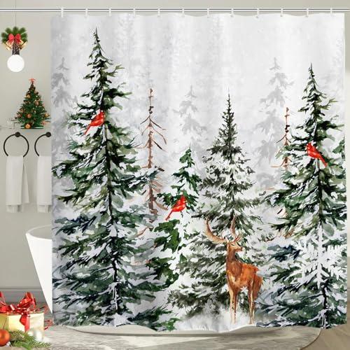 Baccessor Christmas Winter Shower Curtain Snowy Forest Pine Tree Cardinal Deer Snowflake Shower Curtain 72x72 Inch Xmas Holiday Bathroom Bath Rustic Farmhouse Decor Waterproof with Hooks