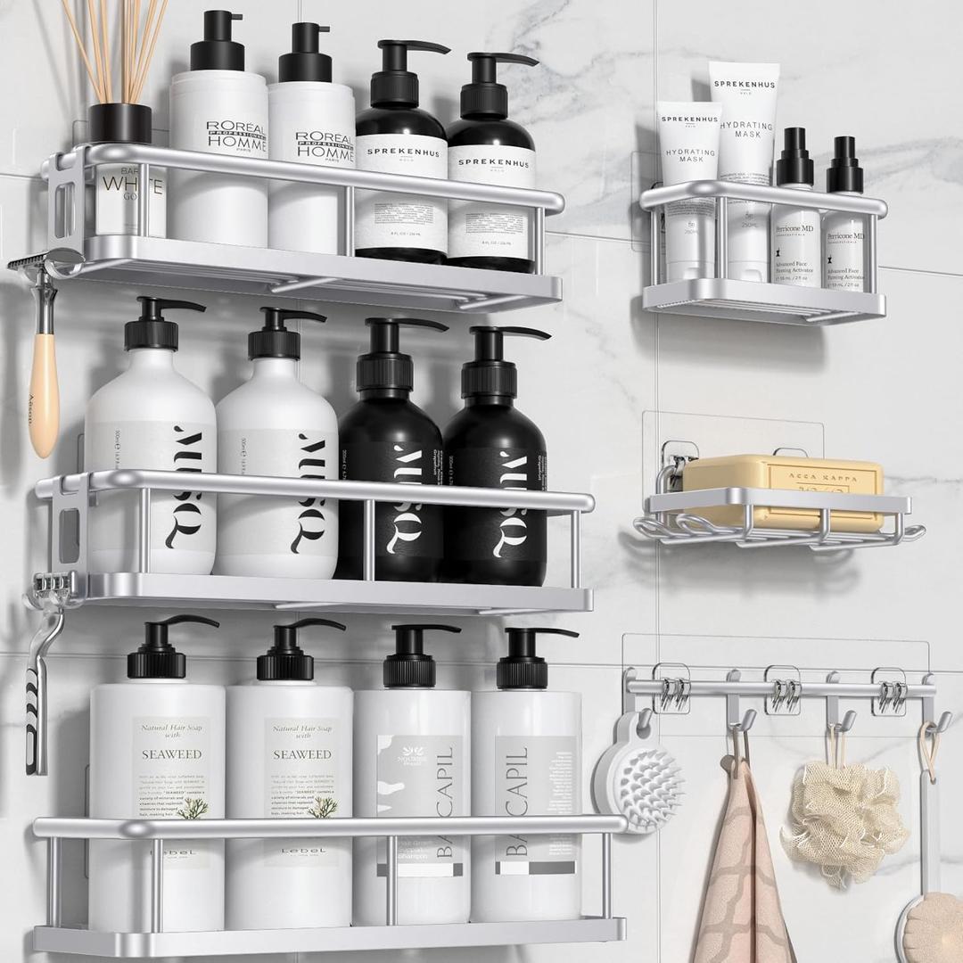 YASONIC Shower Caddy, 6 Pack Large Capacity Bath Organizer with Soap Holder and 12 Hooks, Rustproof bathroom Shelves for Inside Shower, No Drilling&Sleek Bathroom Organizers and Storage Silver (XL size)