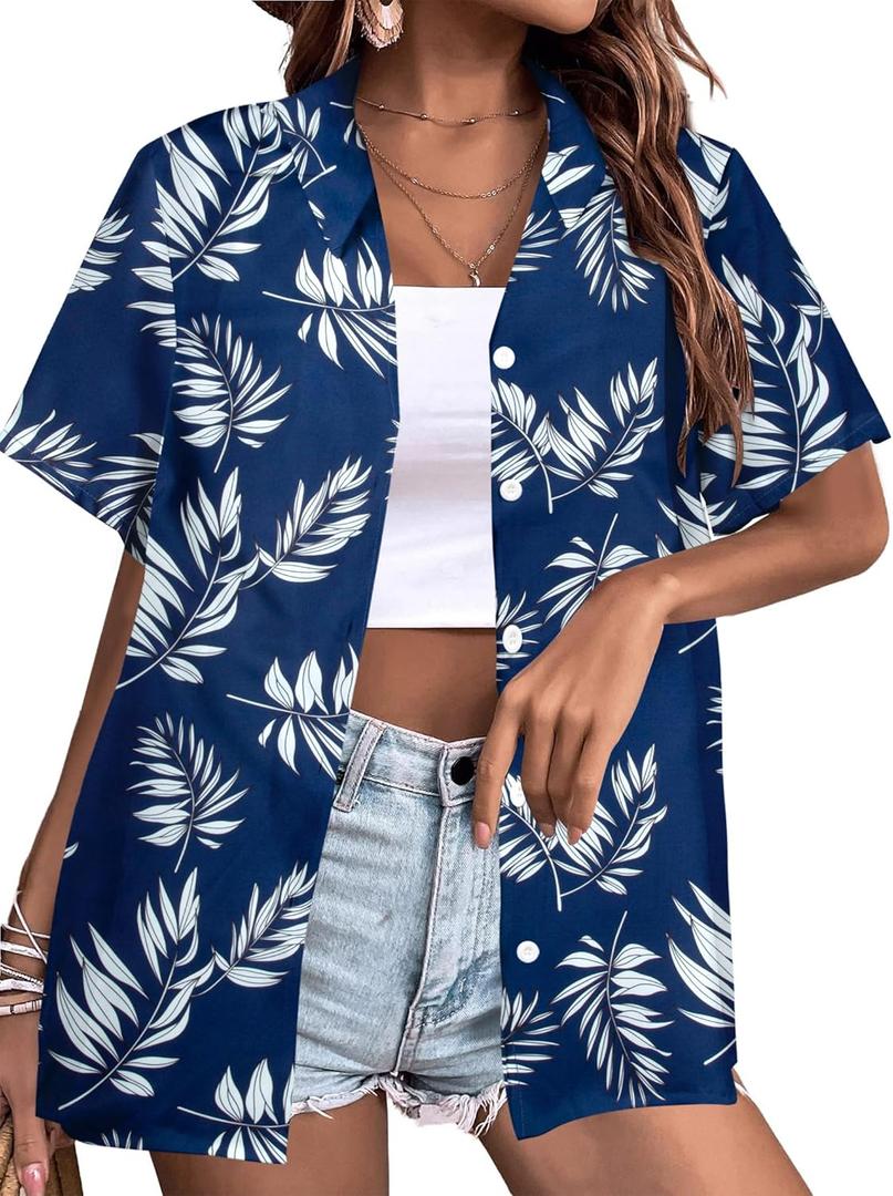 Womens Hawaiian Shirt Hawaii Button Down Shirts Palm Floral Tropical Vacation Outfits Casual Summer Trip Blouse Top (Blue, XL)