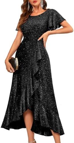 BeryLove Women Sequin Formal Party Dress Flutter Short Sleeve Wedding Cocktail Long Evening Dress, Medium, Black
