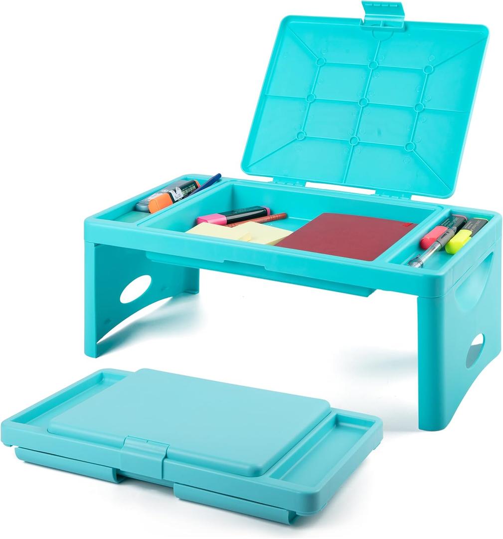 Loddie Doddie Foldable Lap Desk for Kids & Adults - Teal Blue Portable Plastic Table with Storage Pocket & Trays - Bed Desk, Car Tray & Travel Lap Table